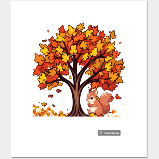 Fall/autumn with tree and Squirrel cute Posters and Art